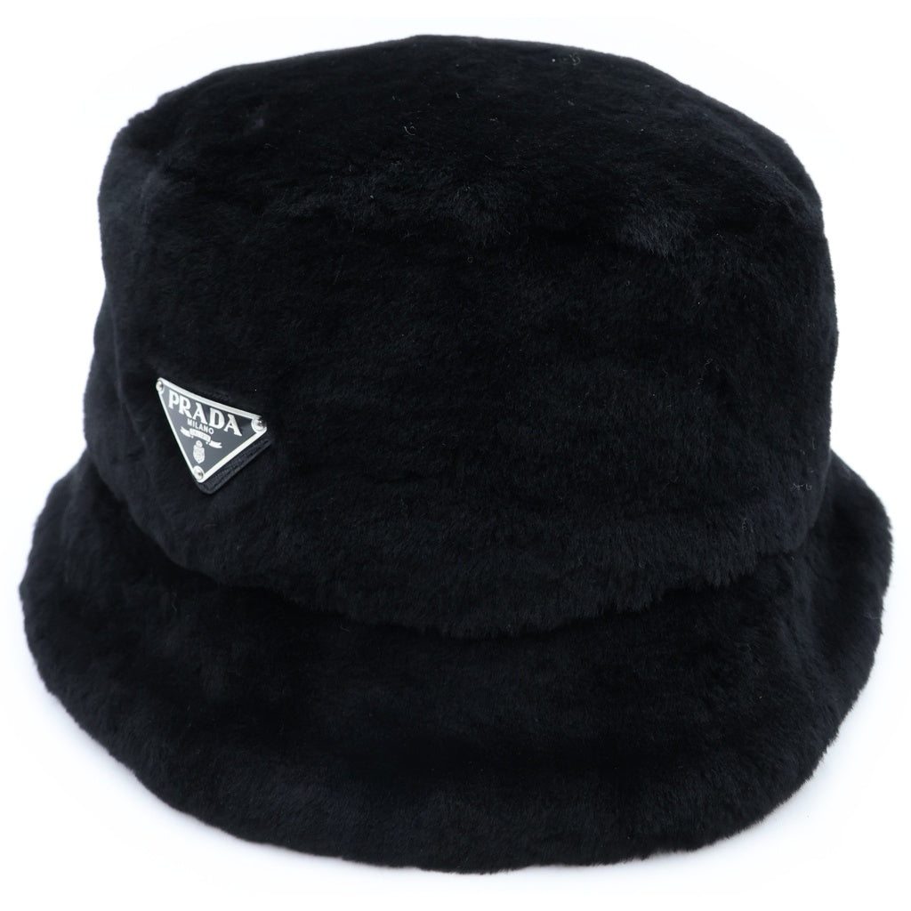 PRADA(プラダ) トライアングルロゴ シアリング バケットハット 帽子 シープスキン染ファー ブラック 2HC137 2EC9