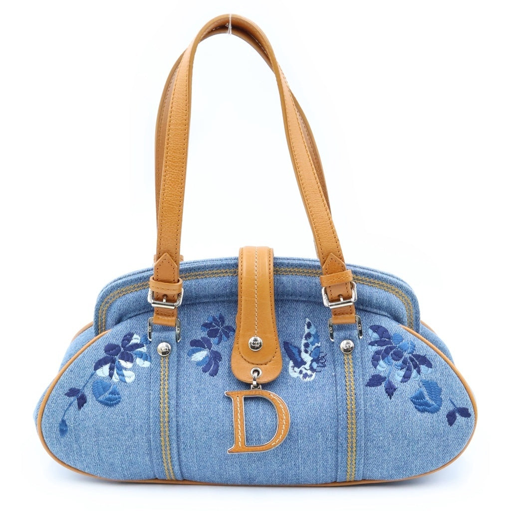 Christian Dior(クリスチャンディオール) 2005 Floral Embroidery Denim Handbag ガリアーノ期 デニムハンドバッグ フローラル刺繍 Dチャーム ブルー 01-RU-0055 レディース