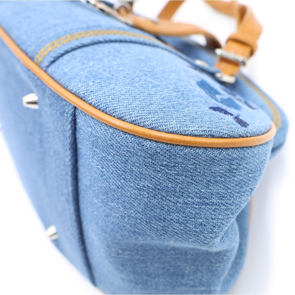 Christian Dior(クリスチャンディオール) 2005 Floral Embroidery Denim Handbag ガリアーノ期 デニムハンドバッグ フローラル刺繍 Dチャーム ブルー 01-RU-0055 レディース