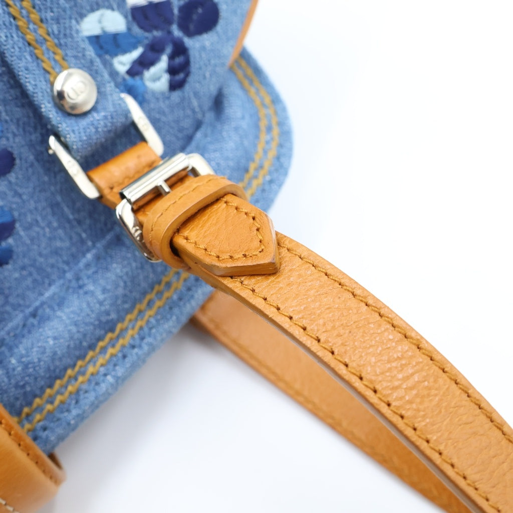 Christian Dior(クリスチャンディオール) 2005 Floral Embroidery Denim Handbag ガリアーノ期 デニムハンドバッグ フローラル刺繍 Dチャーム ブルー 01-RU-0055 レディース