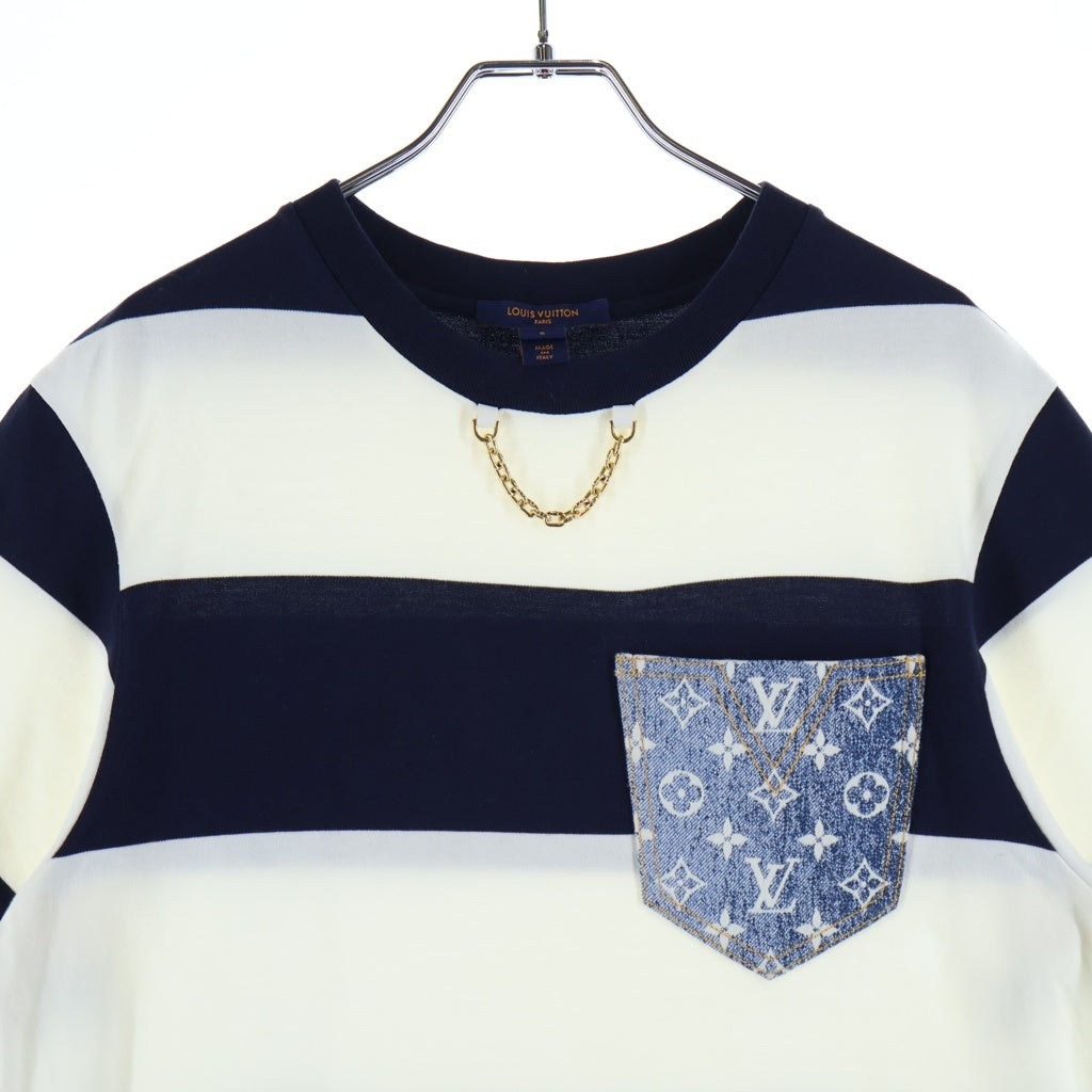 LOUIS VUITTON(ルイヴィトン) モノグラム ポケット付き 半袖ボーダーワンピース コットン チェーン装飾 ホワイト/ネイビー RW221J LO7 FMDR39 レディース