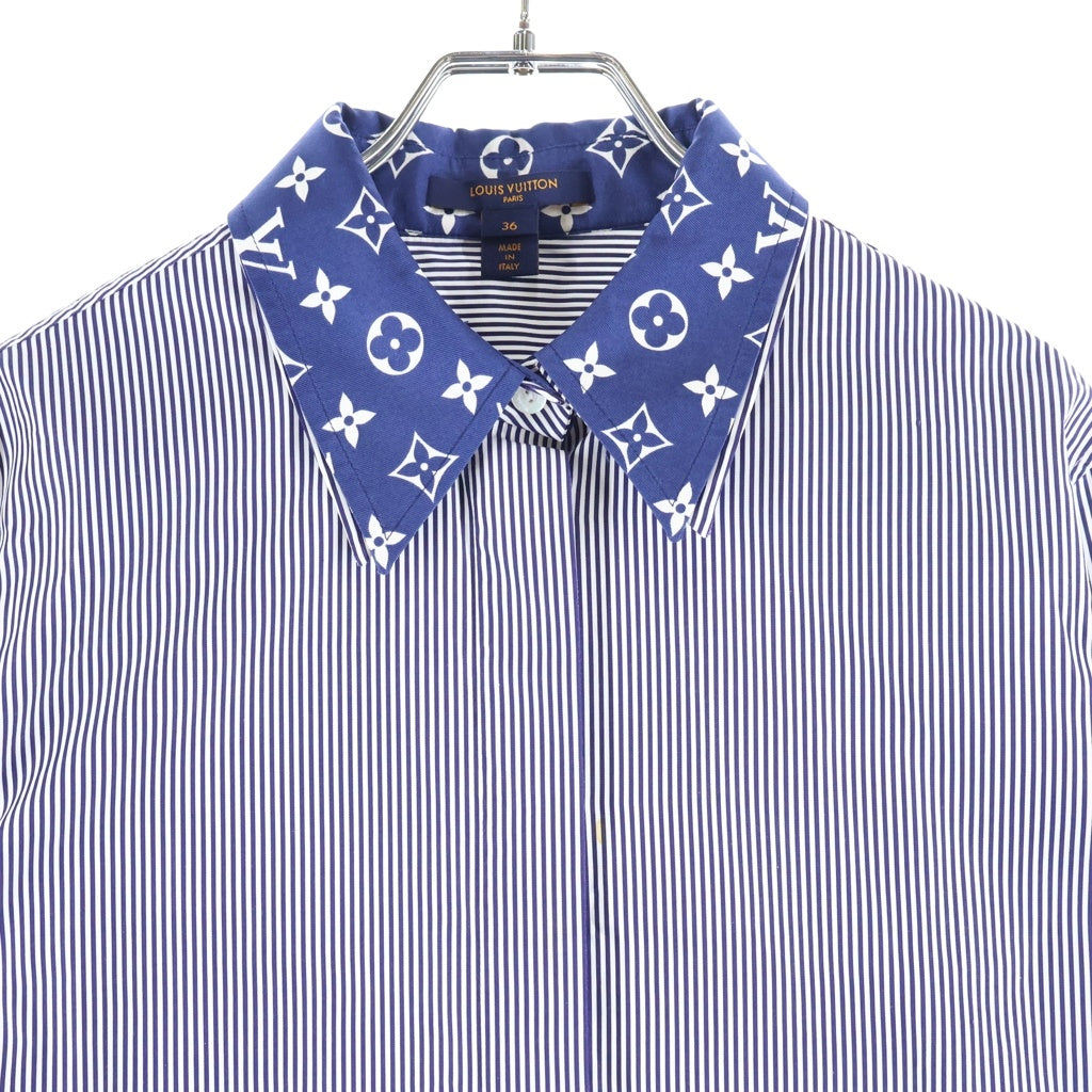 LOUIS VUITTON(ルイヴィトン) モノグラム ストライプ シルク長袖比翼シャツワンピース コットン ブルー/ホワイト FJDR08VRM A402 レディース