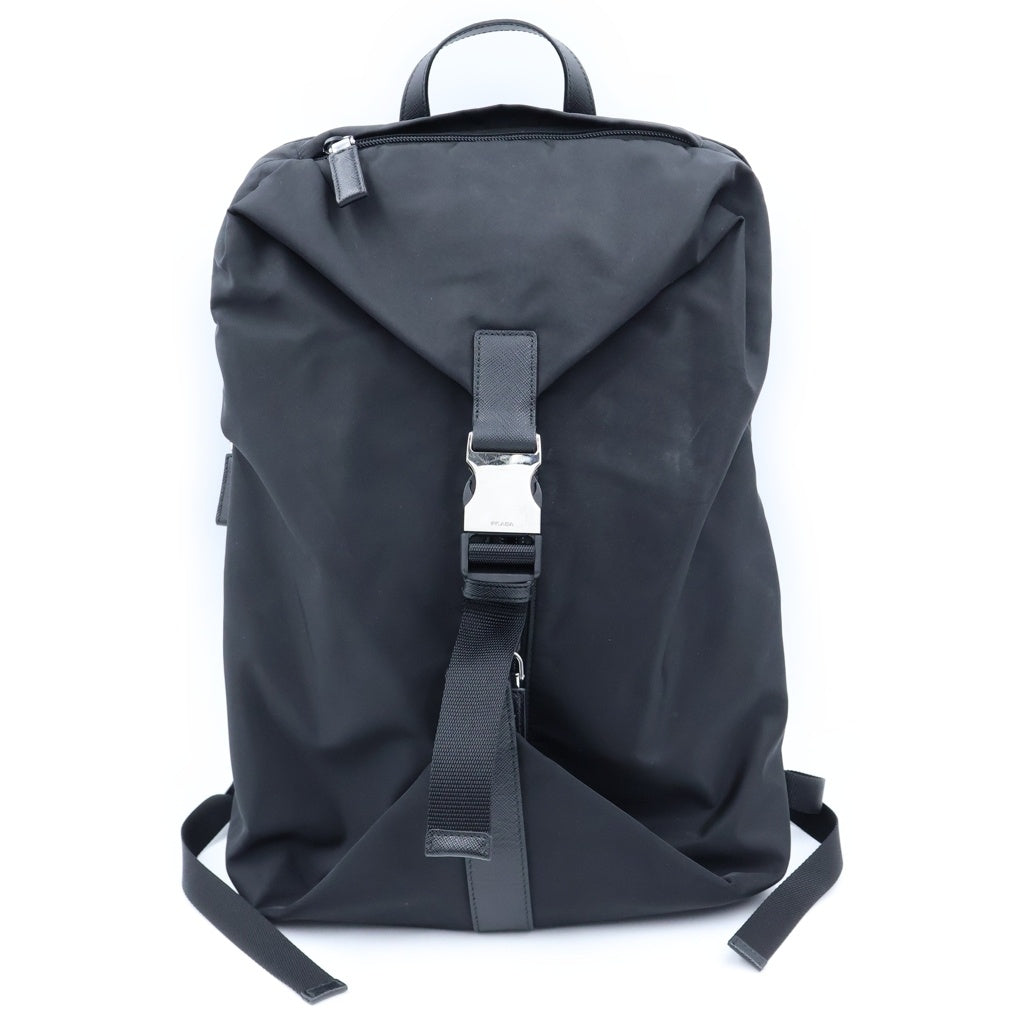 PRADA(プラダ) Re Nylon サフィアーノテスート バックパック リュックサック ブラック ナイロン×レザー 2VZ028 シルバー金具 レディース