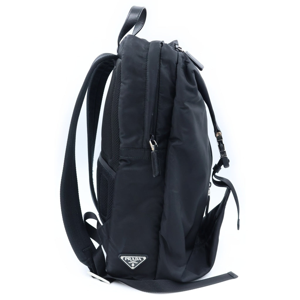 PRADA(プラダ) Re Nylon サフィアーノテスート バックパック リュックサック ブラック ナイロン×レザー 2VZ028 シルバー金具 レディース