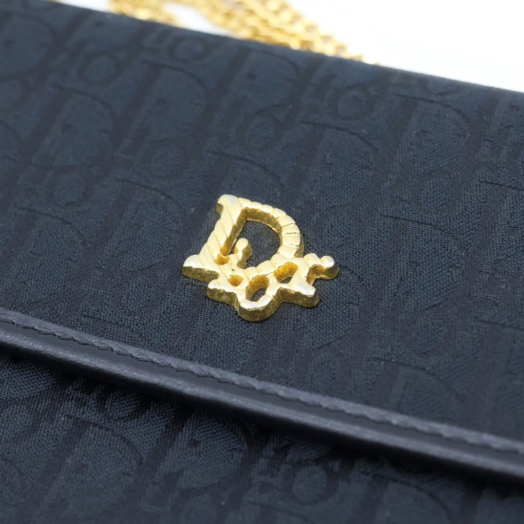 Christian Dior(クリスチャンディオール) ヴィンテージ トロッター チェーンショルダーバッグ ブラック キャンバス×レザー ゴールド金具 レディース