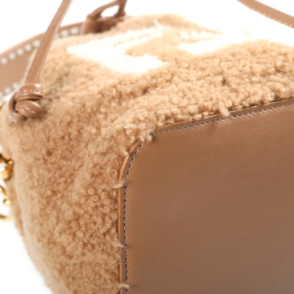 FENDI(フェンディ) ミニ モン トレゾール ショルダーバッグ 巾着バッグ ブラウン ベージュ レザー×ボア 8BS010 ゴールド金具 レディース