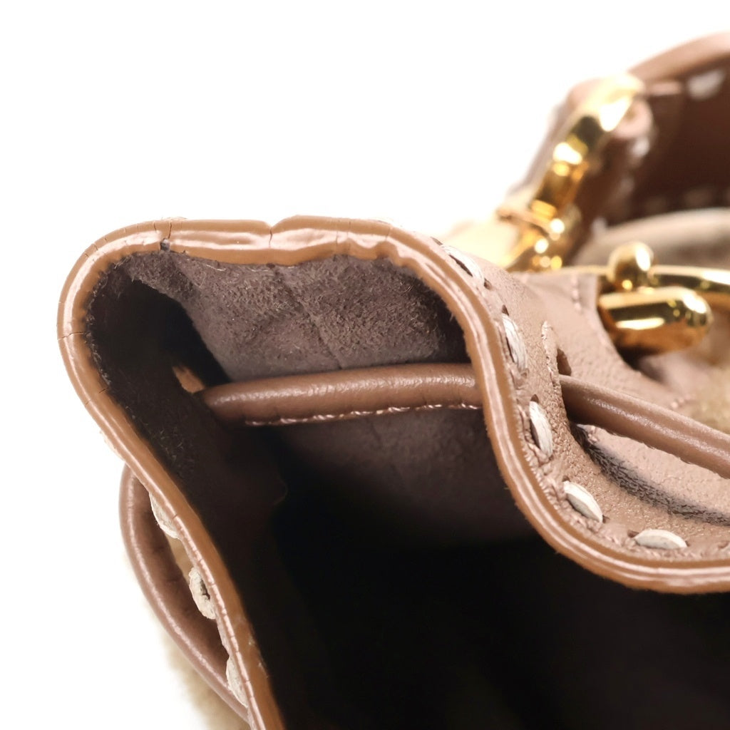 FENDI(フェンディ) ミニ モン トレゾール ショルダーバッグ 巾着バッグ ブラウン ベージュ レザー×ボア 8BS010 ゴールド金具 レディース