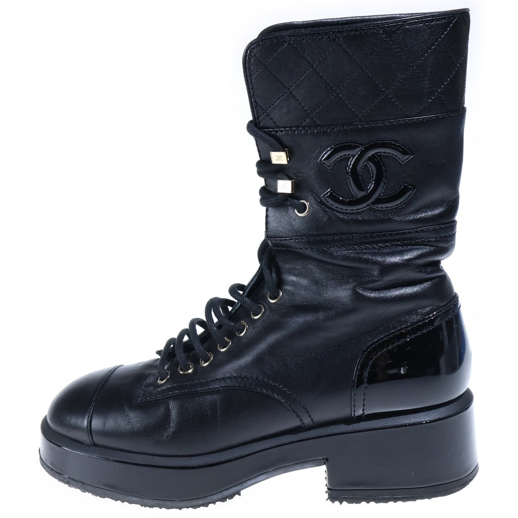 CHANEL(シャネル) LACE-UP COMBAT BOOTS レースアップ コンバットブーツ ココマーク マトラッセ レザー ブラック G38863 レディース