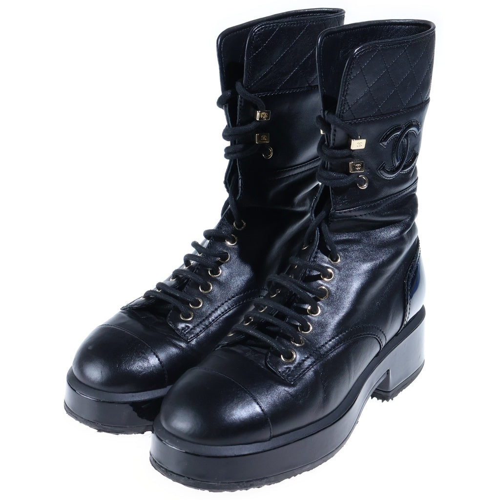 CHANEL(シャネル) LACE-UP COMBAT BOOTS レースアップ コンバットブーツ ココマーク マトラッセ レザー ブラック G38863 レディース