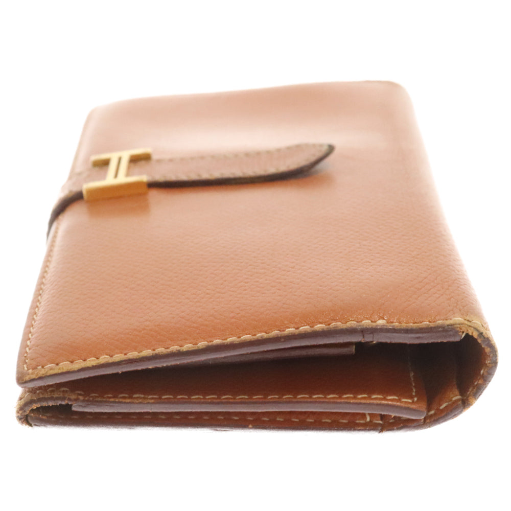 HERMES(エルメス) ベアンデュプリ ベアン ゴールド金具 長財布 ヴォーエプソン 三つ折り財布 ウォレット オレンジ