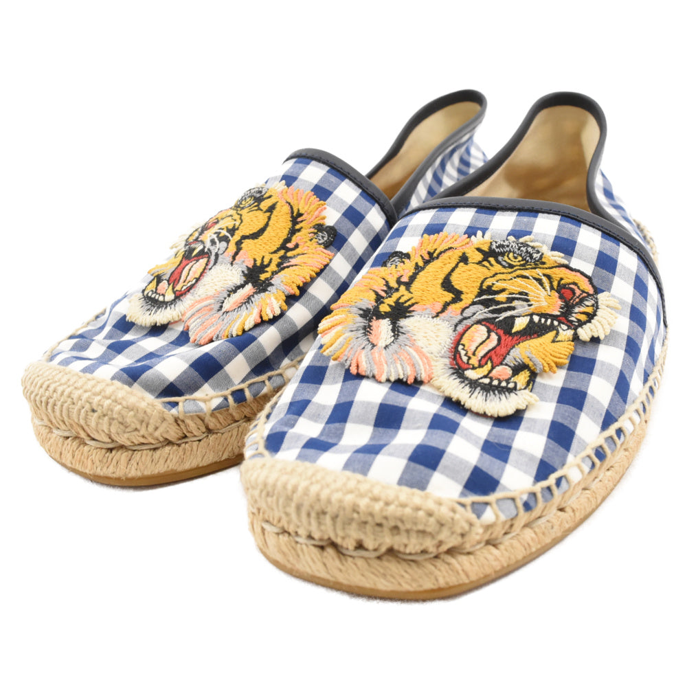 GUCCI(グッチ) タイガーワッペン チェック柄 エスパドリーユ シューズ ブルー/ベージュ