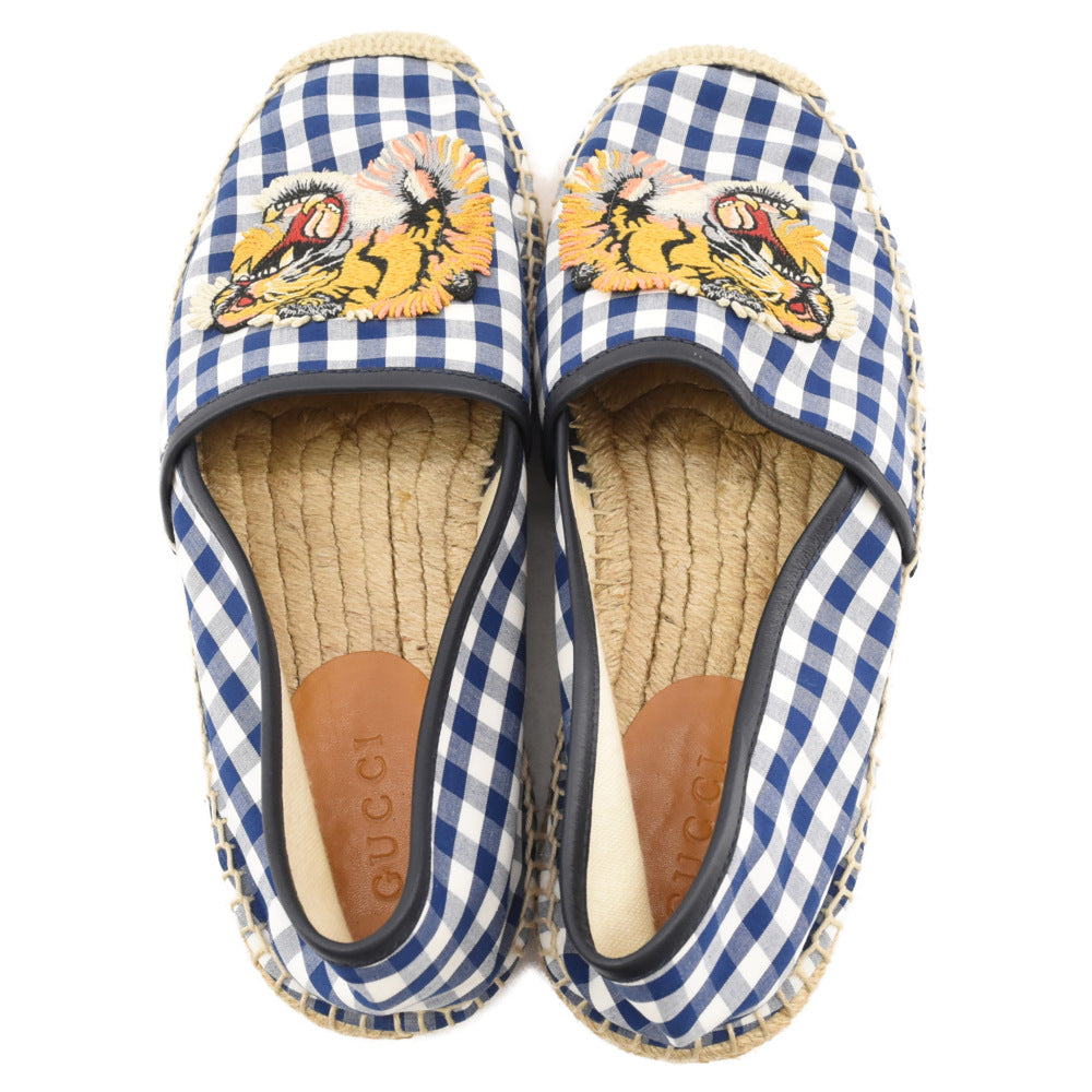 GUCCI(グッチ) タイガーワッペン チェック柄 エスパドリーユ シューズ ブルー/ベージュ