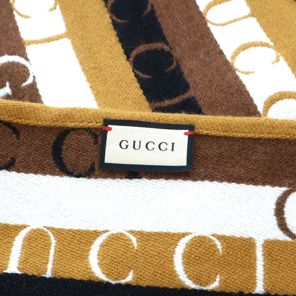 GUCCI(グッチ) ストライプ ロゴ フリンジ マフラー ブラウン 634166