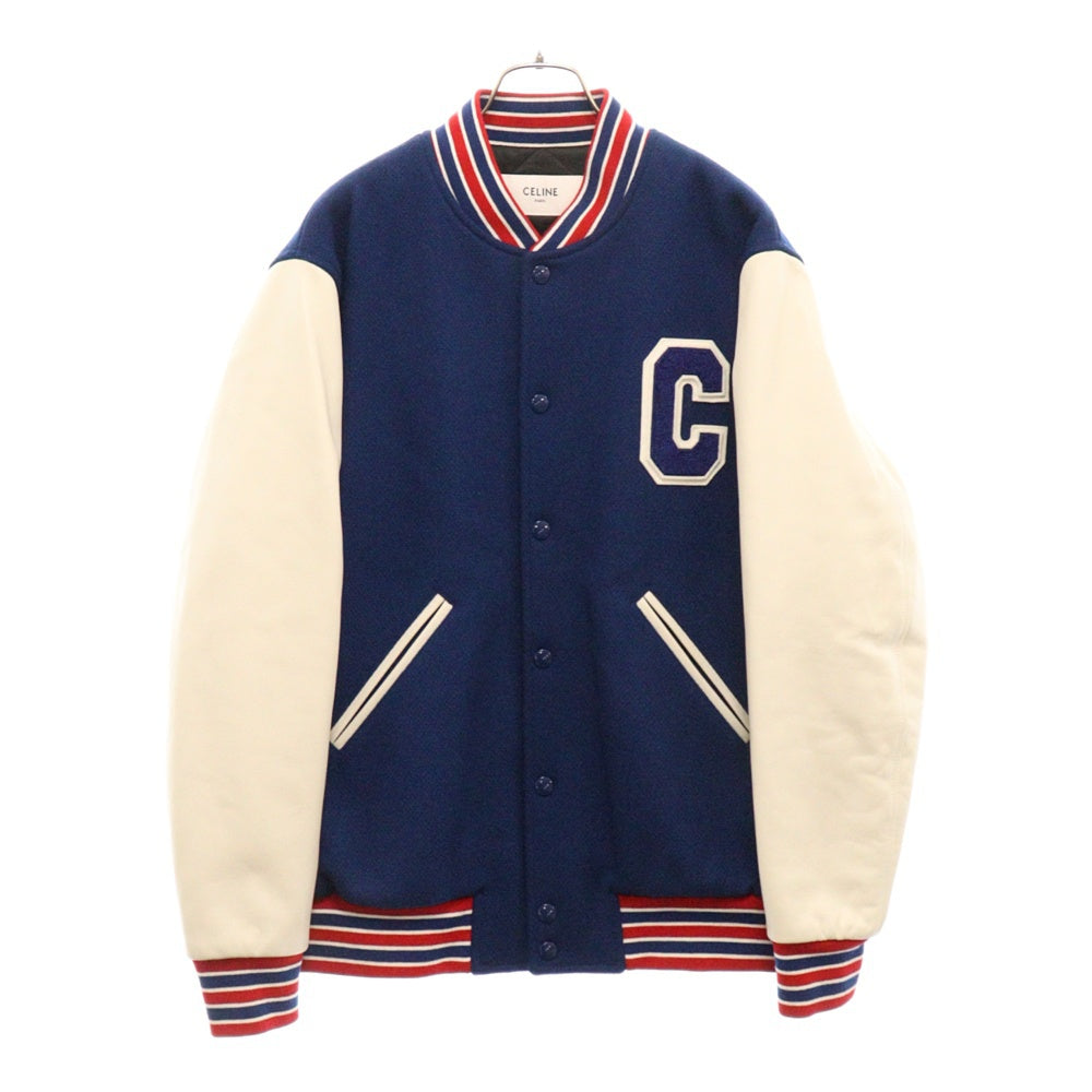CELINE(セリーヌ) テディカラーテクスチャードバーシティジャケット レザースリーブ バックロゴスタジャン ブルー 2W804896C レディース