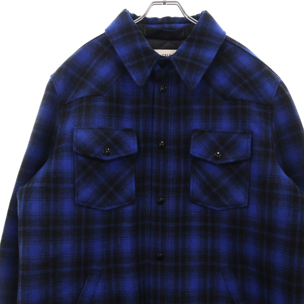 CELINE(セリーヌ) 22AW フードロゴ 長袖パディッドチェックシャツ ブルー/ブラック 2W410994R