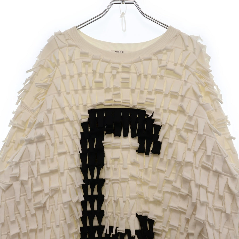 CELINE(セリーヌ) 22AW オーバーサイズ Cロゴアップリケ フリンジ コットンブレンド 長袖スウェット トレーナー 2Y912670Q ホワイト