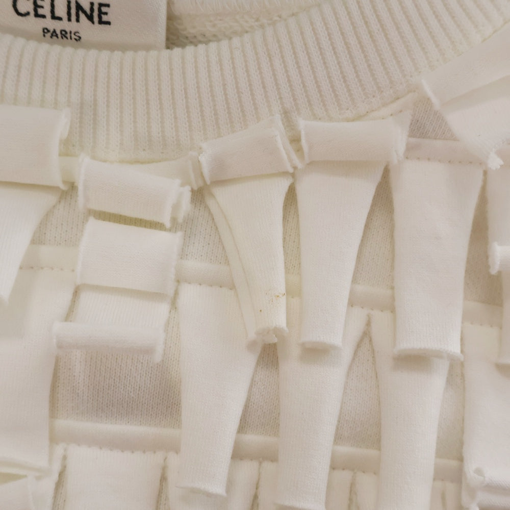 CELINE(セリーヌ) 22AW オーバーサイズ Cロゴアップリケ フリンジ コットンブレンド 長袖スウェット トレーナー 2Y912670Q ホワイト