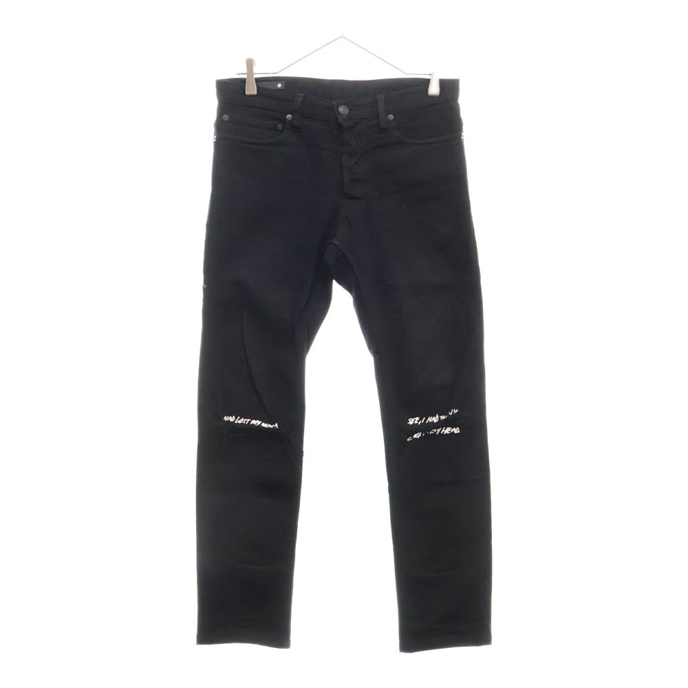 MINEDENIM(マインデニム) Lettered S. Slim STR 5pocket OWS ダメージ加工 ロゴプリントスキニーデニムパンツ ブラック 2103‐1001‐99‐302