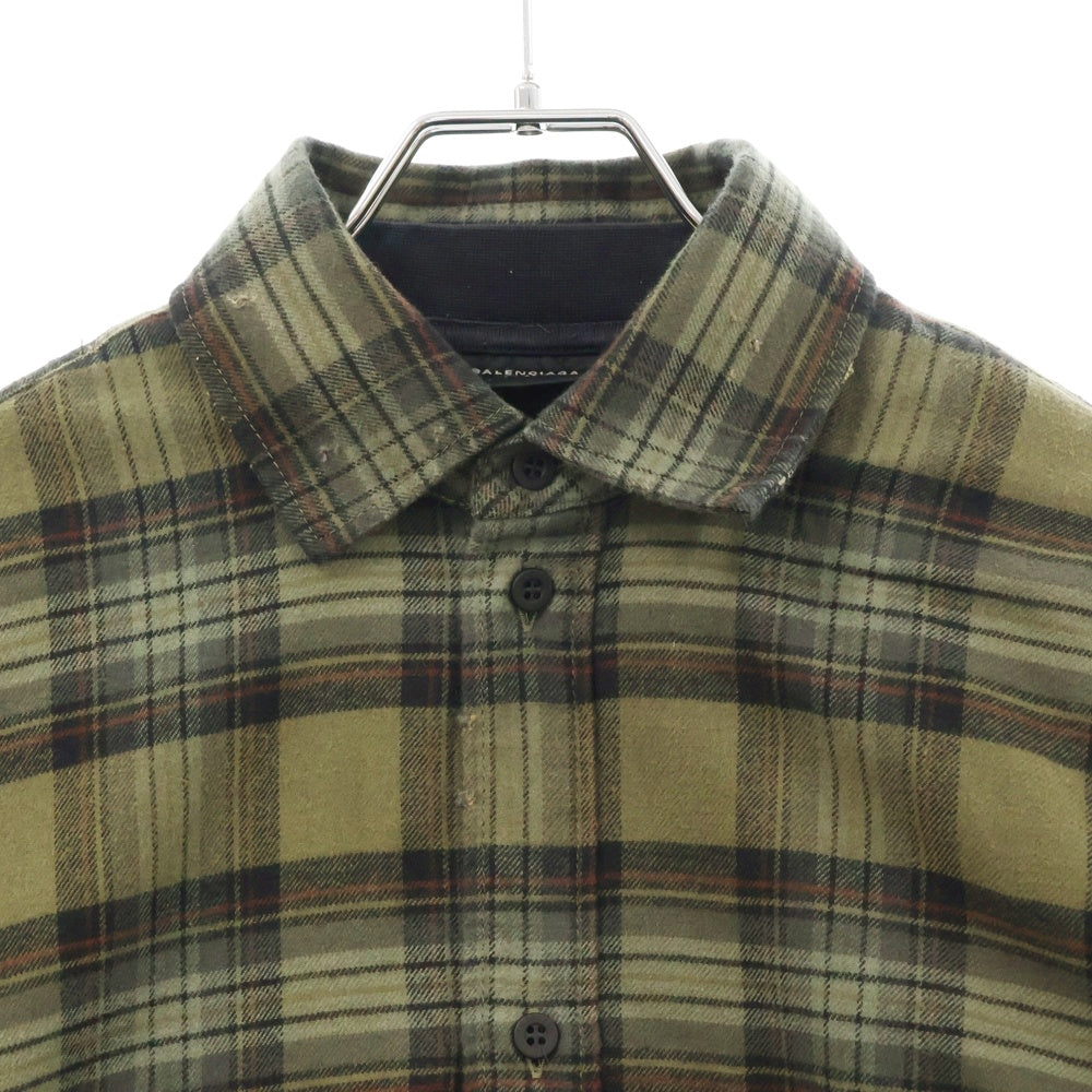 BALENCIAGA(バレンシアガ) 24AW パリ リバティ‐ レイヤード カットソードッキングヴィンテージチェック長袖シャツ 794656 TQM20 カーキ/ブラック