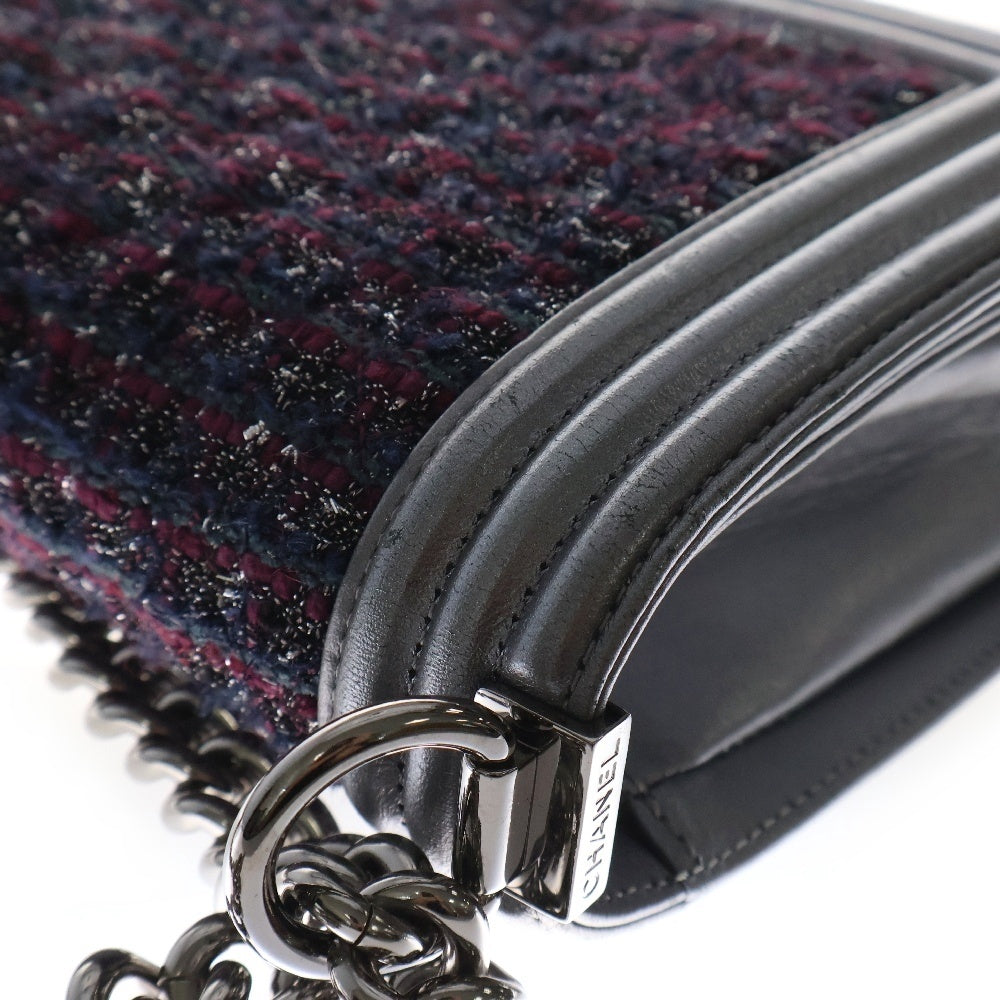 CHANEL(シャネル) ボーイシャネル ツイード レザー シルバー金具 チェーンショルダーバッグ グレー/パープル レディース