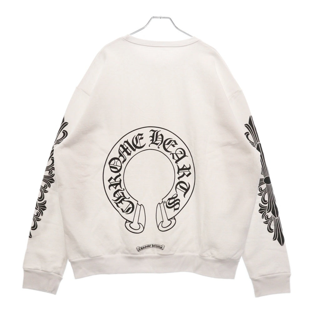 CHROME HEARTS(クロムハーツ) Horseshoe Crewneck Sweatshirt ホースシュープリント 袖フローラル クルーネックスウェットトレーナー ホワイト