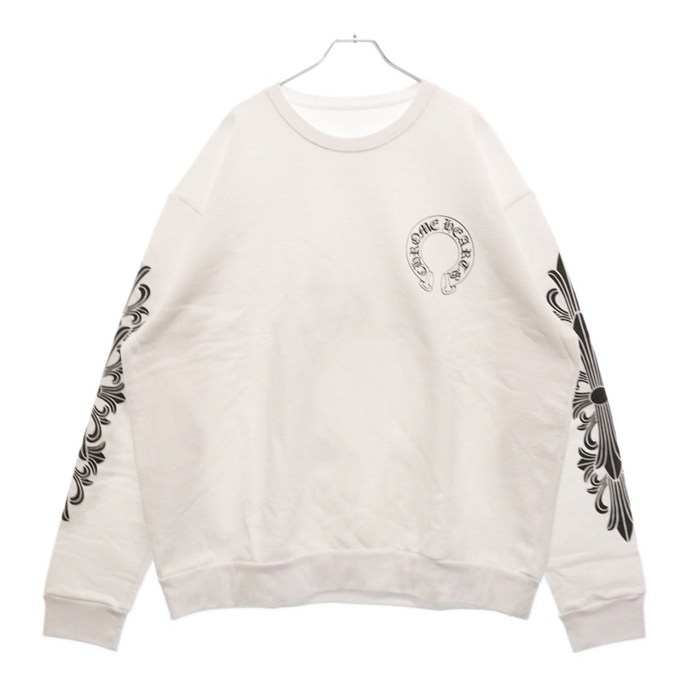 CHROME HEARTS(クロムハーツ) Horseshoe Crewneck Sweatshirt ホースシュープリント 袖フローラル クルーネックスウェットトレーナー ホワイト