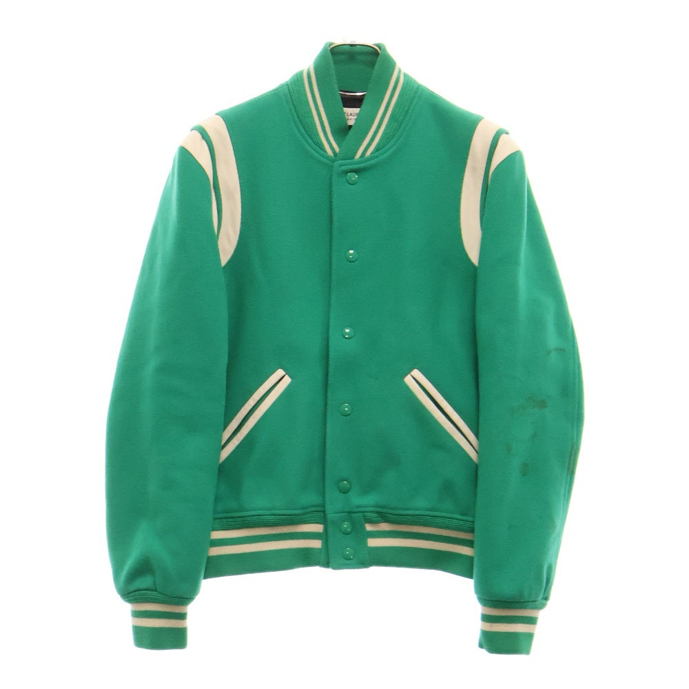 SAINT LAURENT PARIS(サンローランパリ) 14AW Teddy Jacket 354718 Y180W テディジャケット レザートリムウールスタジアムジャケット スタジャン グリーン