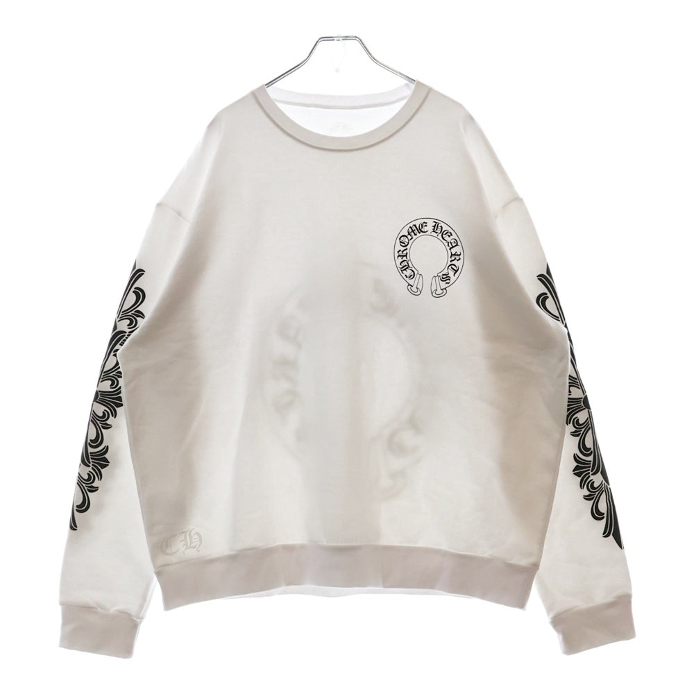 CHROME HEARTS(クロムハーツ) Horseshoe Crewneck Sweatshirt ホースシュープリント 袖フローラル クルーネックスウェットトレーナー ホワイト