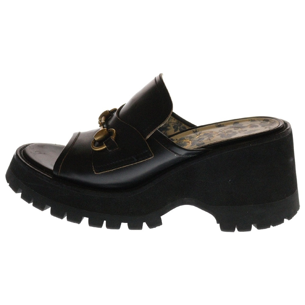 GUCCI(グッチ) Horsebit Leather Platform Sandals ホースビット レザー 厚底サンダル ブラック レディース