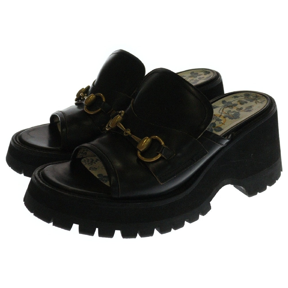 GUCCI(グッチ) Horsebit Leather Platform Sandals ホースビット レザー 厚底サンダル ブラック レディース