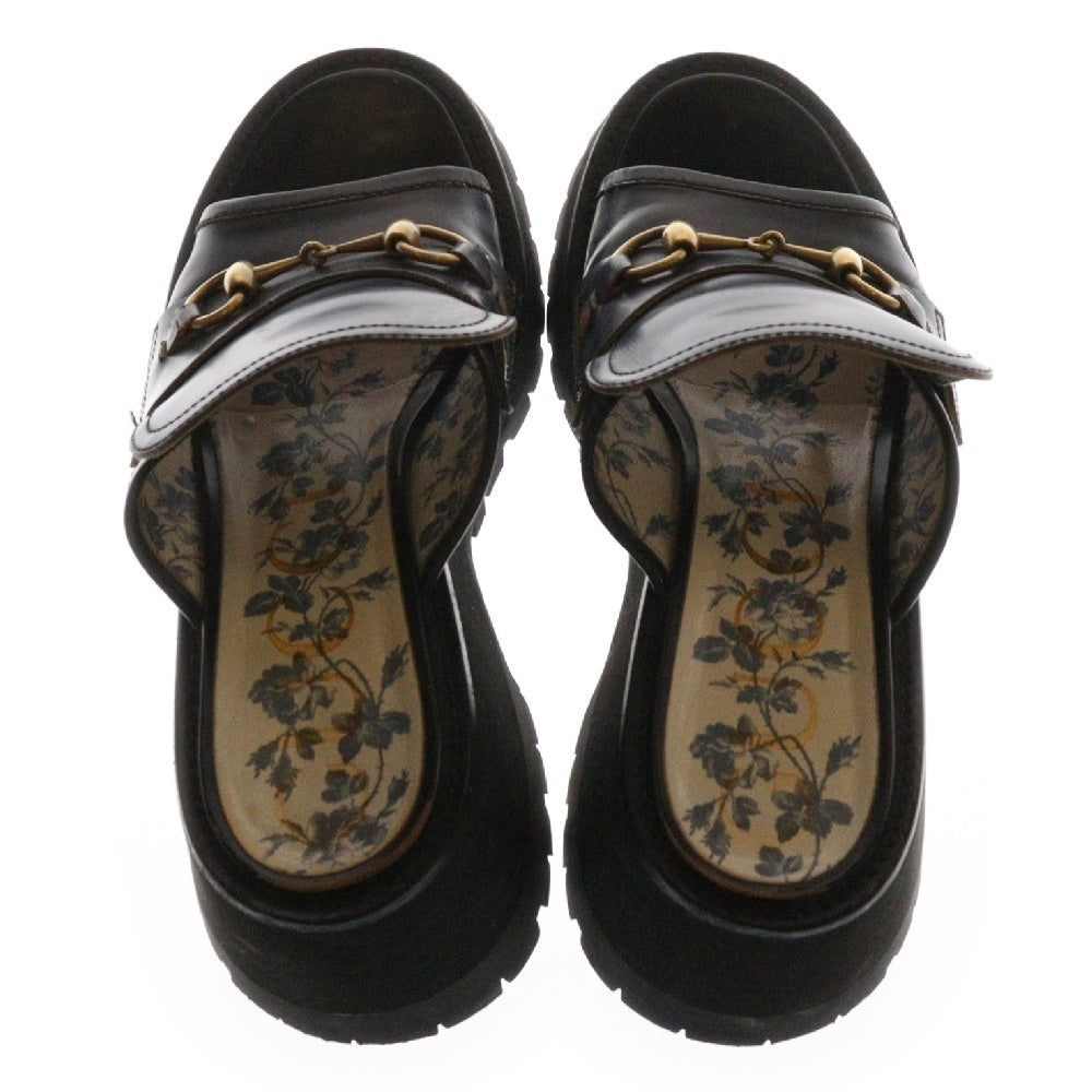 GUCCI(グッチ) Horsebit Leather Platform Sandals ホースビット レザー 厚底サンダル ブラック レディース