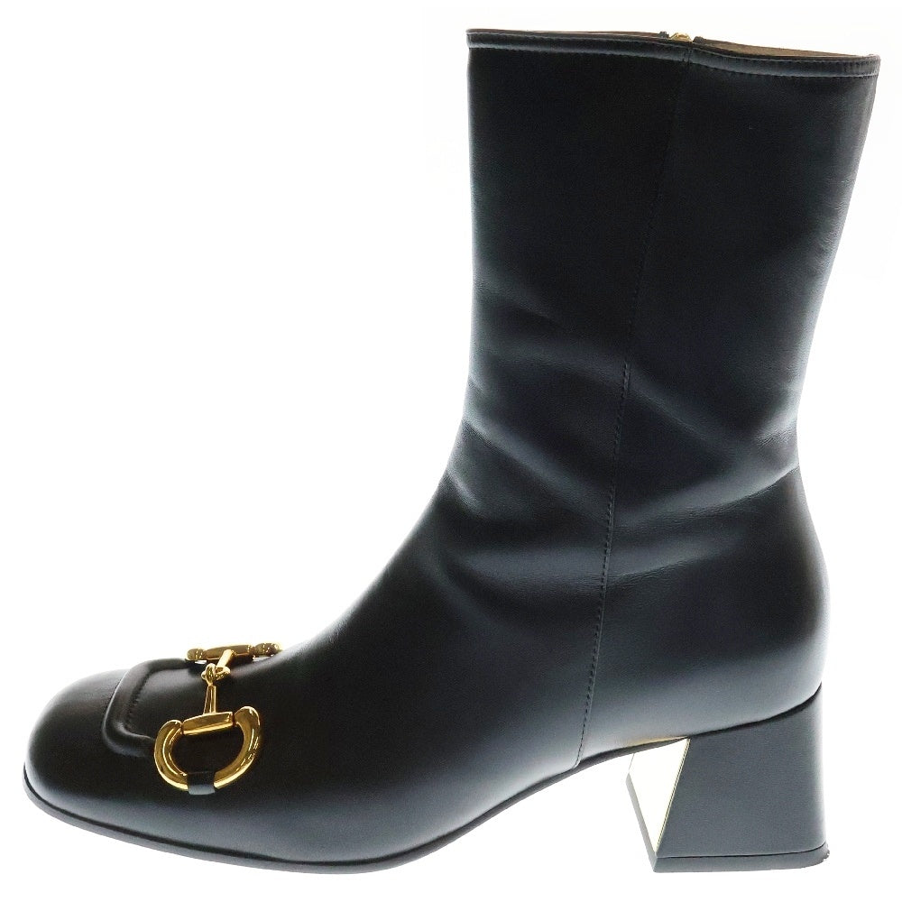 GUCCI(グッチ) ホースビット スクエアトゥ レザー ショートブーツ ブラック 643888 レディース