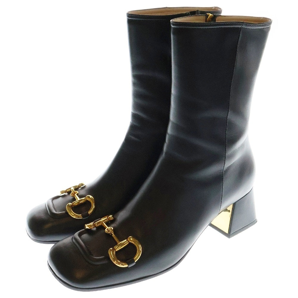 GUCCI(グッチ) ホースビット スクエアトゥ レザー ショートブーツ ブラック 643888 レディース