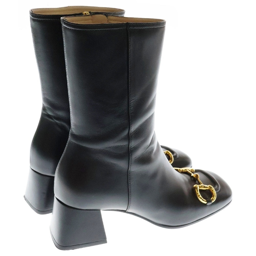 GUCCI(グッチ) ホースビット スクエアトゥ レザー ショートブーツ ブラック 643888 レディース