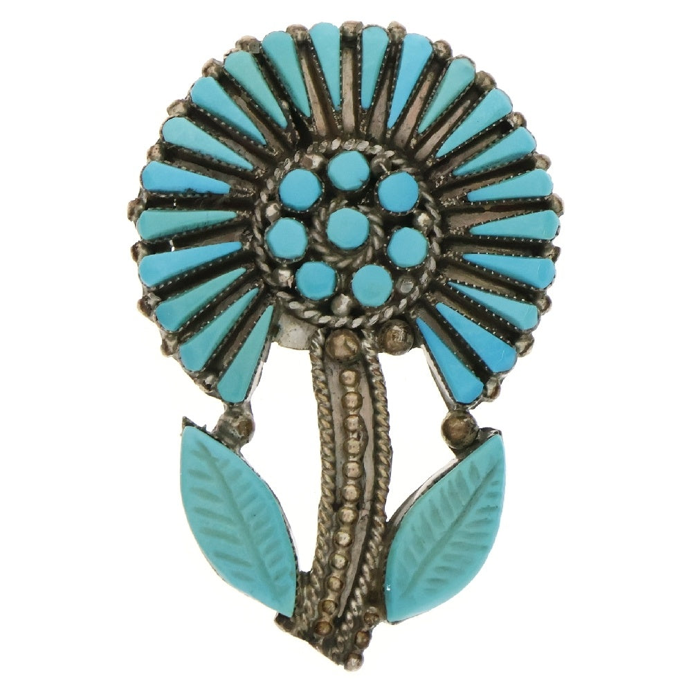 INDIAN JEWELRY(インディアンジュエリー) ZUNI Vera Halusewa ズニ族 ベラ・ハルセワ ターコイズニードルポイント フラワーブローチペンダント シルバー