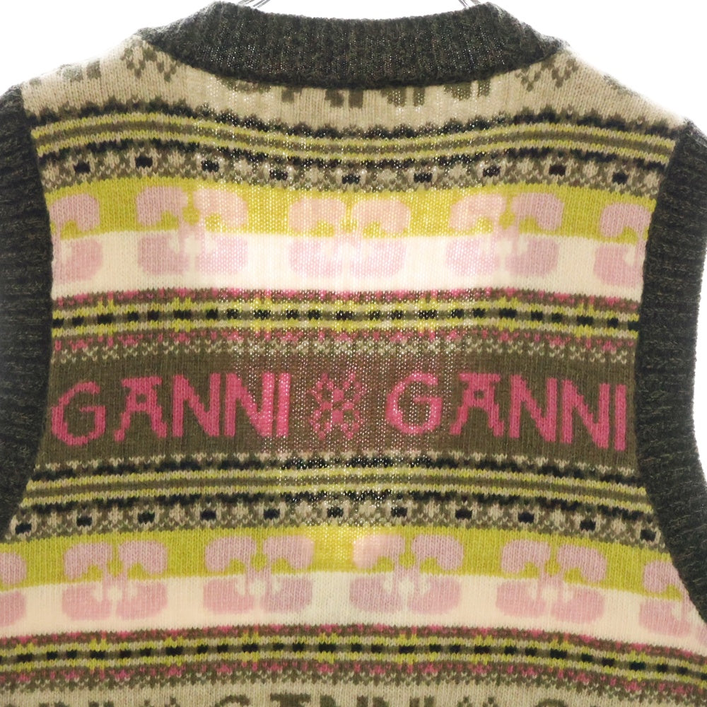 GANNI(ガニー) Logo Wool Mix Vest ロゴプリントウール混Vネックニットベスト マルチ レディース