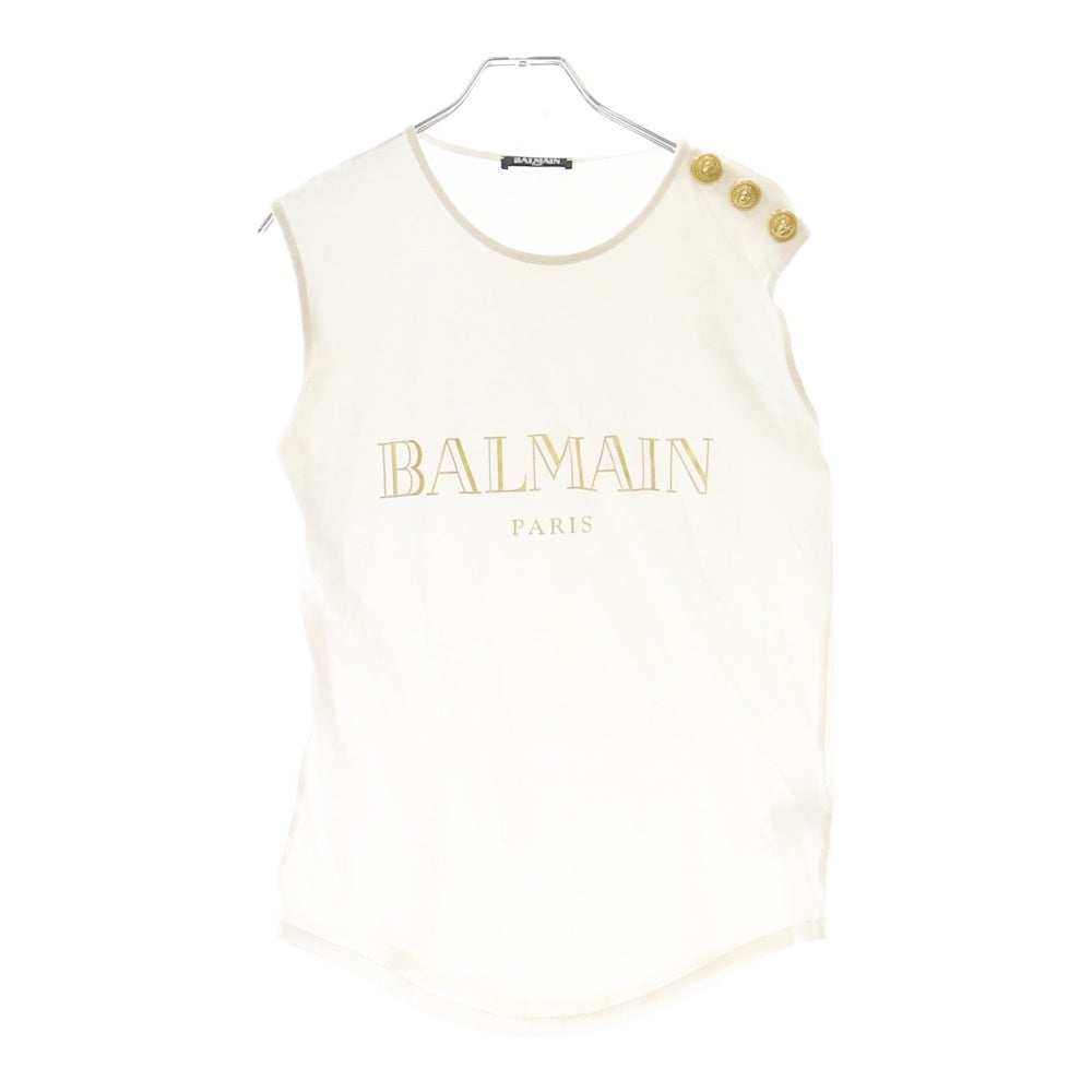 BALMAIN(バルマン) ノースリーブ ロゴプリント コットンクルーネック カットソー ホワイト レディース