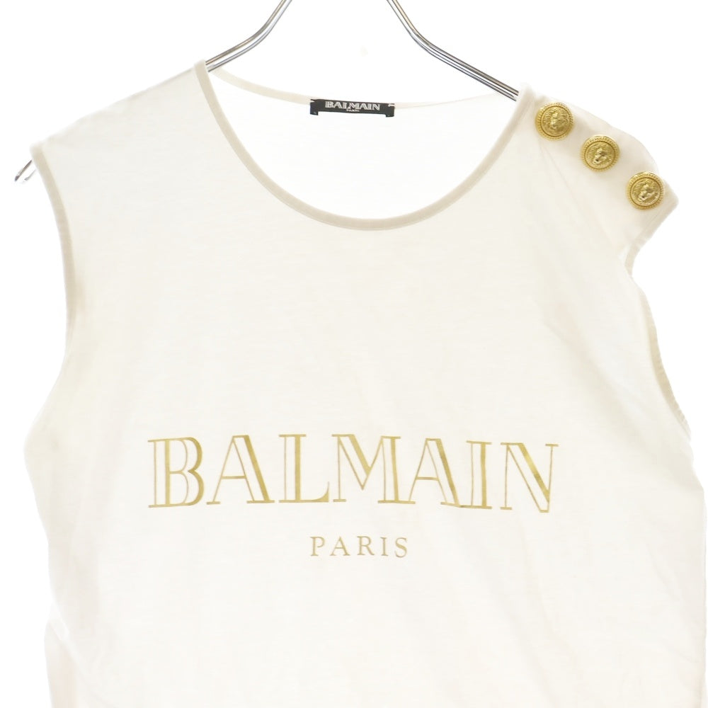 BALMAIN(バルマン) ノースリーブ ロゴプリント コットンクルーネック カットソー ホワイト レディース