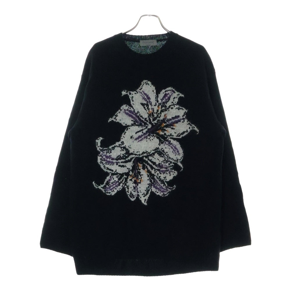 Yohji Yamamoto POUR HOMME(ヨウジヤマモト プールオム) 22AW 7G FLOWER INTERSIA JACQUARD CREW NECK フラワージャカード クルーネックニット セーター ブラック HE-K28-983