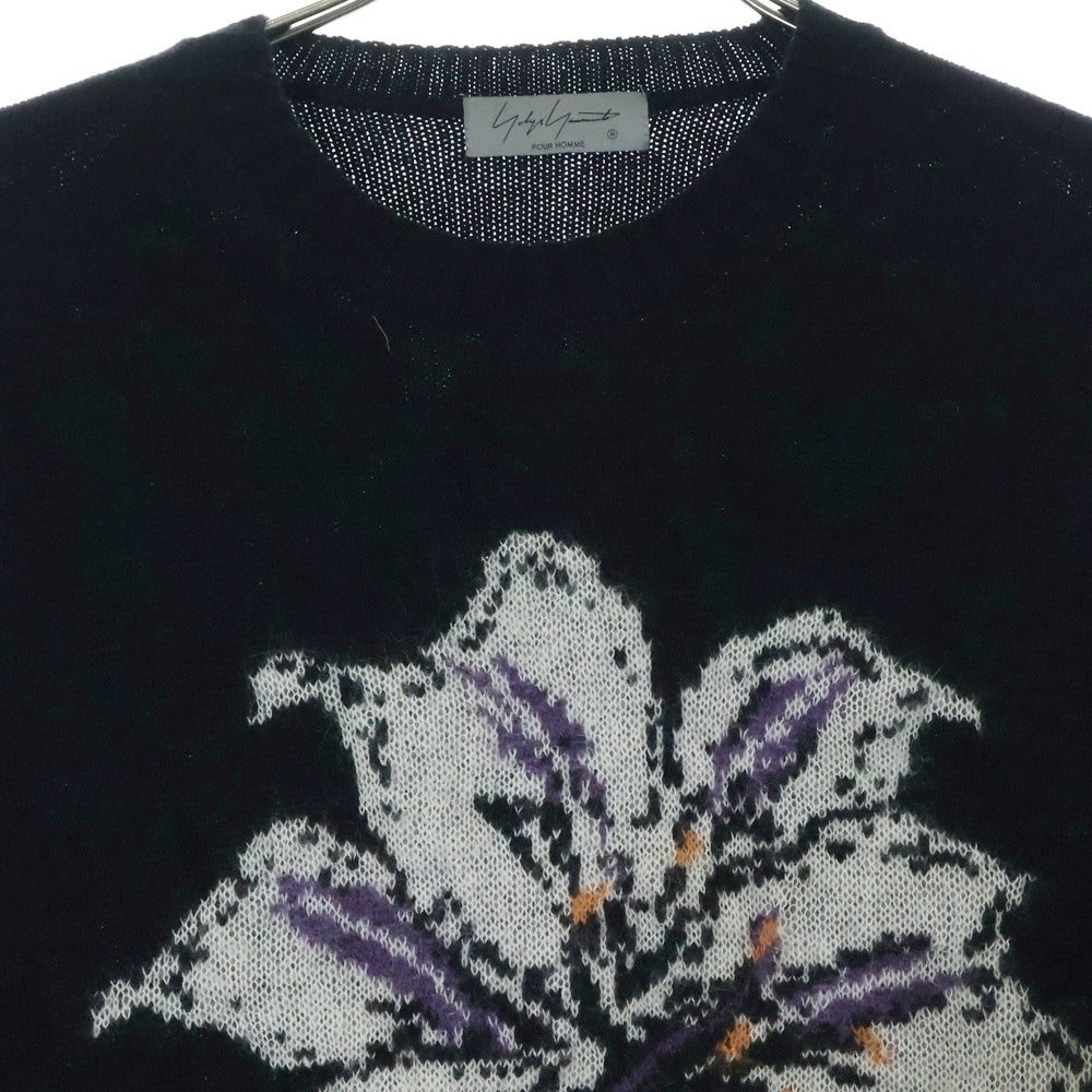 Yohji Yamamoto POUR HOMME(ヨウジヤマモト プールオム) 22AW 7G FLOWER INTERSIA JACQUARD CREW NECK フラワージャカード クルーネックニット セーター ブラック HE-K28-983