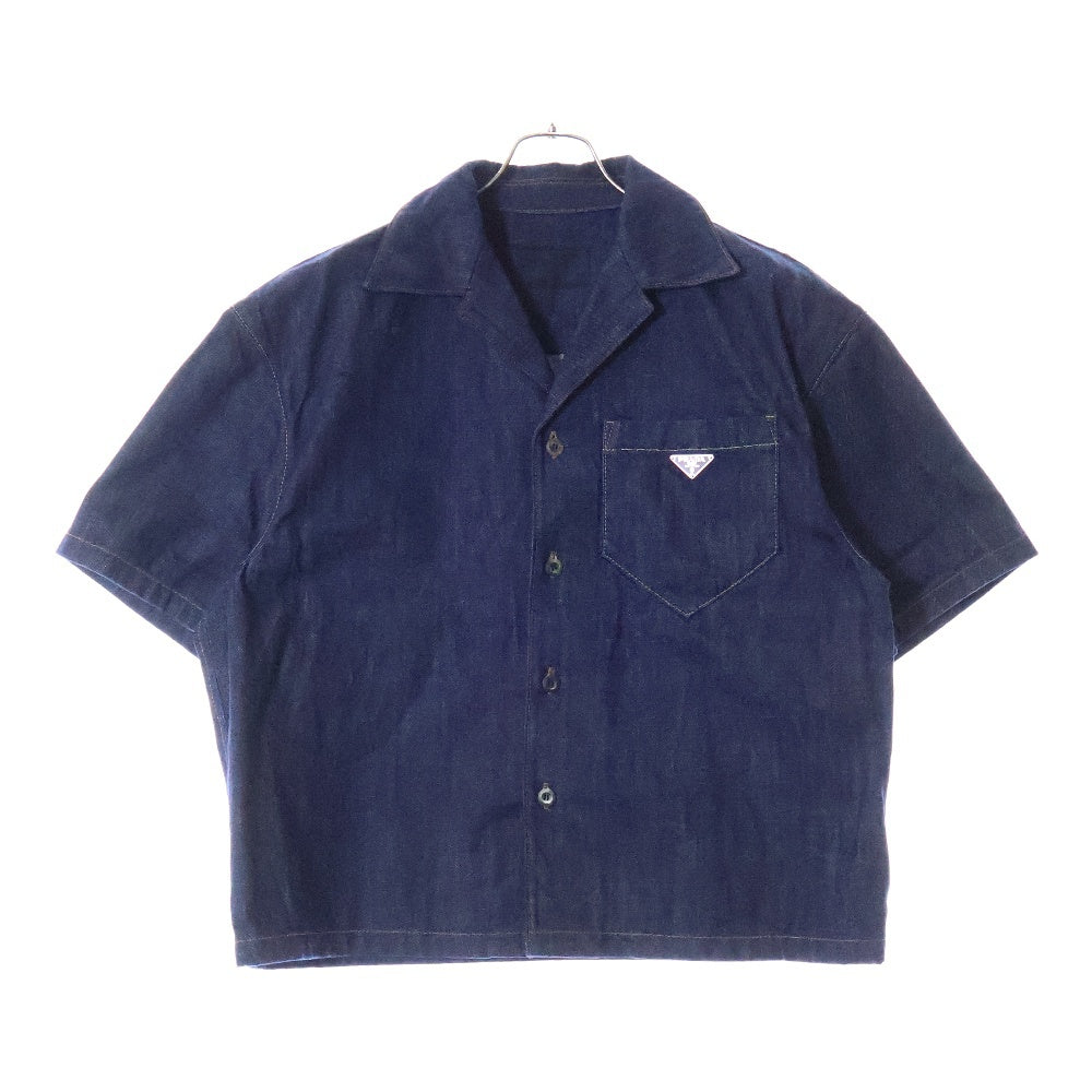PRADA(プラダ) トライアングルロゴ フロントポケット コットンデニム 半袖シャツ インディゴ GEC068