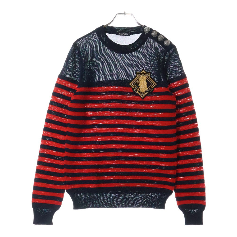 BALMAIN(バルマン) フロントパッチ付 長袖ボーダーニットセーター S8H6654M206B