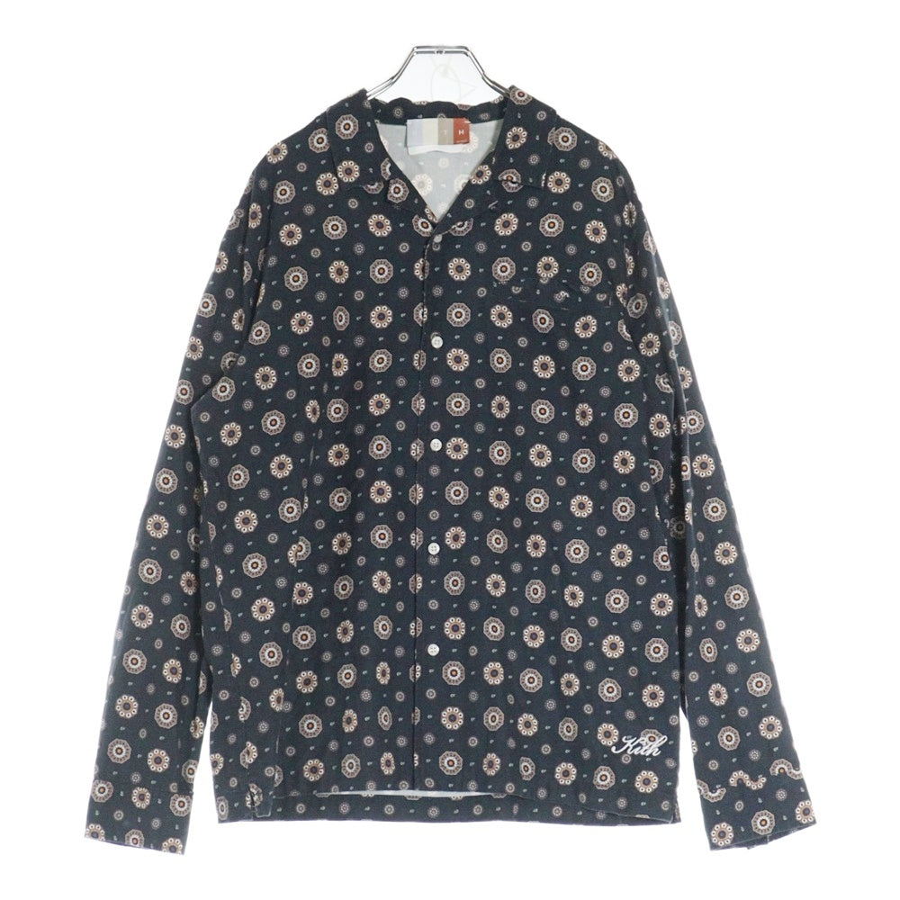 KITH(キス) 22SS Thompson Silk Long Sleeve Shirt メダリオン ロゴ刺繍総柄長袖シルクシャツ ネイビー KHM030435