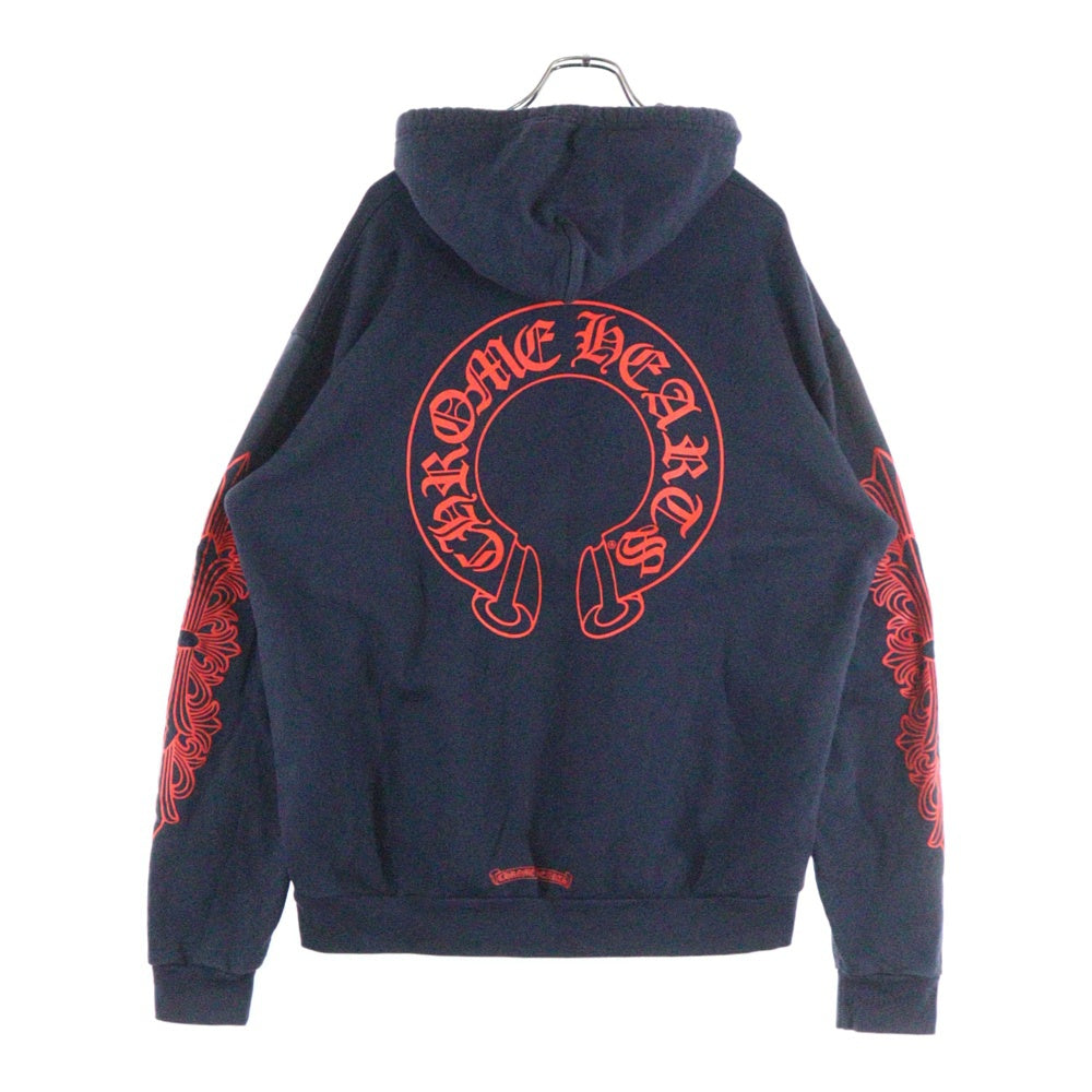CHROME HEARTS(クロムハーツ) SWTSHRT PLVR プルオーバーパーカー 袖フローラルバックホースシューパーカー ネイビー/レッド