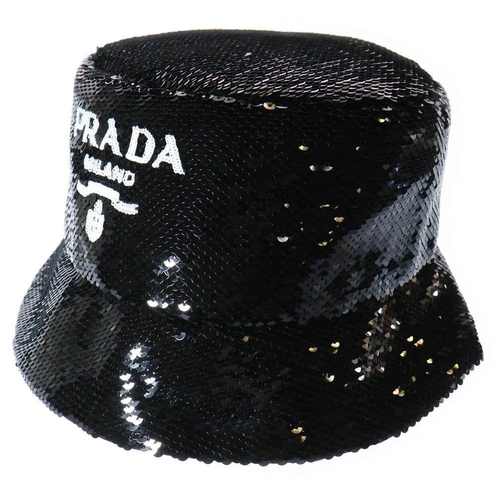 PRADA(プラダ) ロゴ スパンコール バケットハット 帽子 ブラック 1HC137