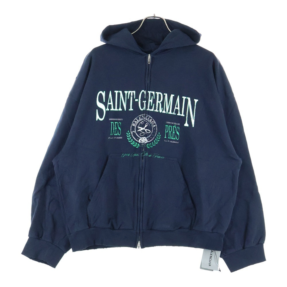 BALENCIAGA(バレンシアガ) 24SS SAINT GERMAIN デストロイ加工 フロントロゴ ジップアップスウェットパーカー フーディ ネイビー 803264 TRV09