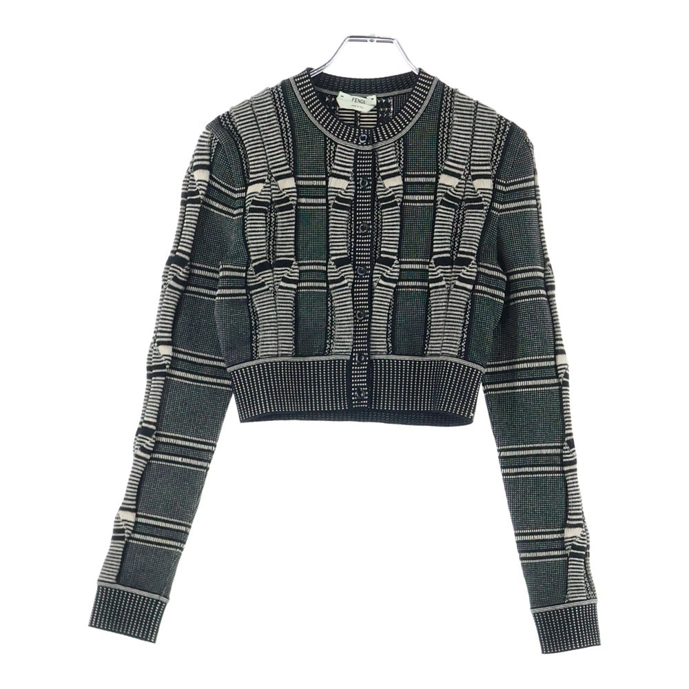 FENDI(フェンディ) 総柄デザイン クロップドカーディガン ブラック/ホワイト FZC582 レディース