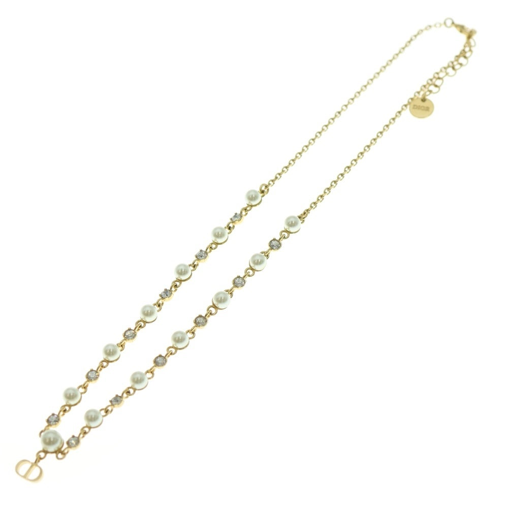 Christian Dior(クリスチャンディオール) CDロゴフェイクパールラインストーンチェーンネックレス ゴールド