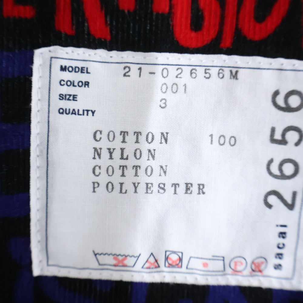 Sacai(サカイ) Message Print Hybrid Shirt MA-1 メッセージプリント ナイロン切り替え コーデュロイジャケット マルチ 21-02656M