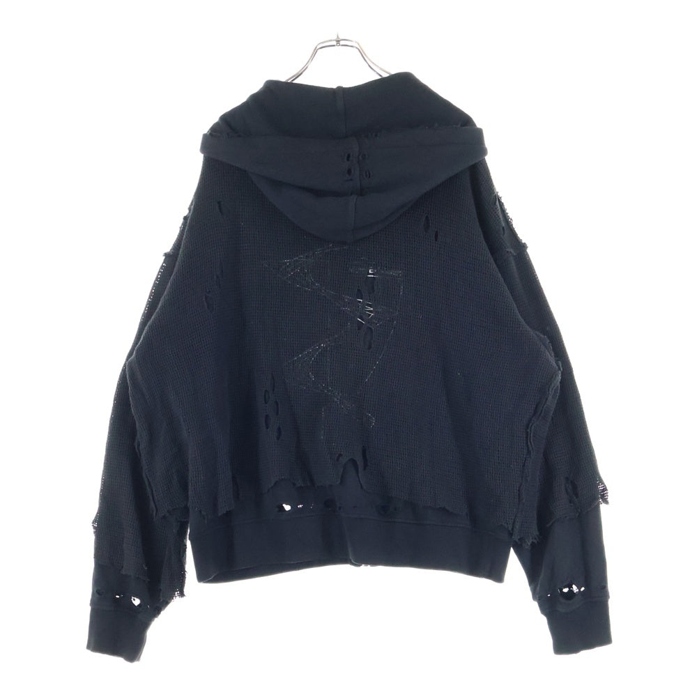 C2H4(シーツーエイチフォー) ドッキング メッシュ デストロイ加工 ジップアップフーディー パーカー ブラック